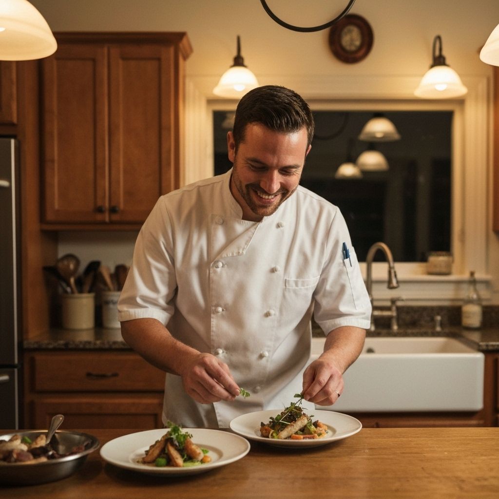 A local chef plating a dish in a cozy home kitchen